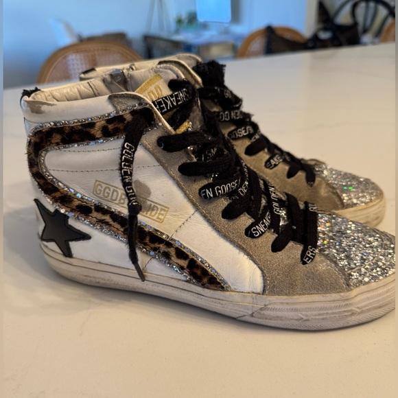 Golden Goose Glitter High-Top slide Sneakers leopard White and Silver - Picture 1 of 7
